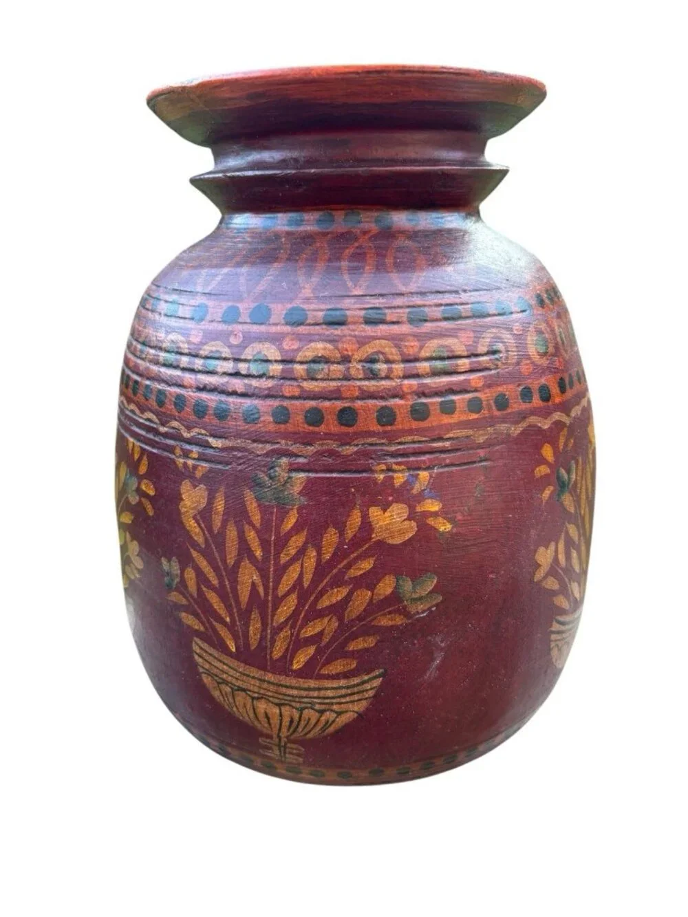 Vtg Kashmiri Hand Painted Wood Vase MCM Indian Lacquerware Folk Art Pot